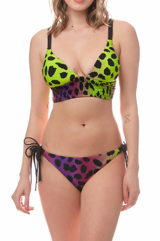 Envya Wild Neon Leopard Print Smocked Bikini Set - WILD FLIER GIFTS AND APPAREL