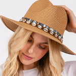 STRAW SUN HAT WITH SELL AND MULTI COLORED BAND.: BG | WILD FLIER GIFTS AND APPAREL