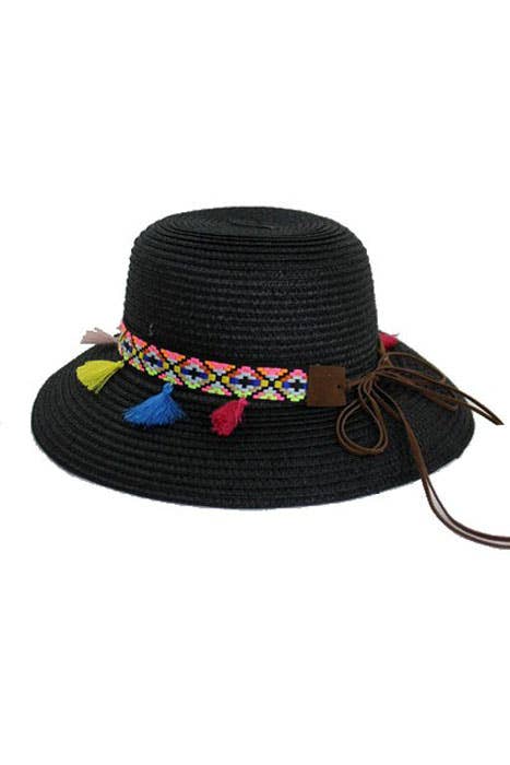 Colorful Tassel Decorative Sun Hat: Black