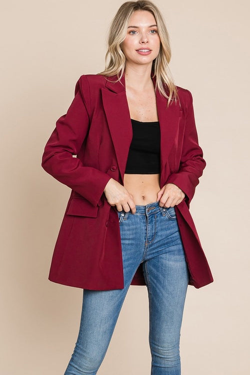 Burgundy Collar Long Double Breasted Blazer Jacket - WILD FLIER GIFTS AND APPAREL
