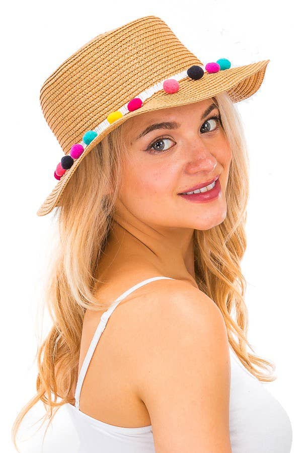 Colorful  Pom Pom Boater Hat: White