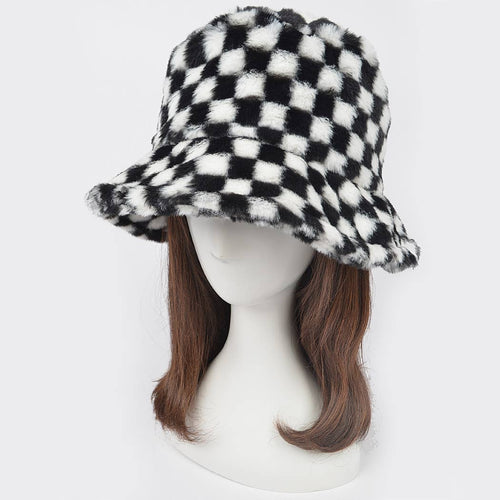Plaid Fur Bucket Hat: Black White | WILD FLIER GIFTS AND APPAREL
