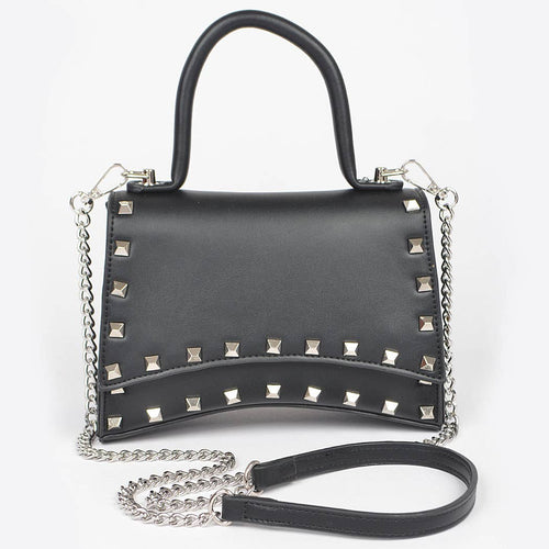 Metallic Faux Leather Studded Top Handle Clutch: BK | WILD FLIER GIFTS AND APPAREL