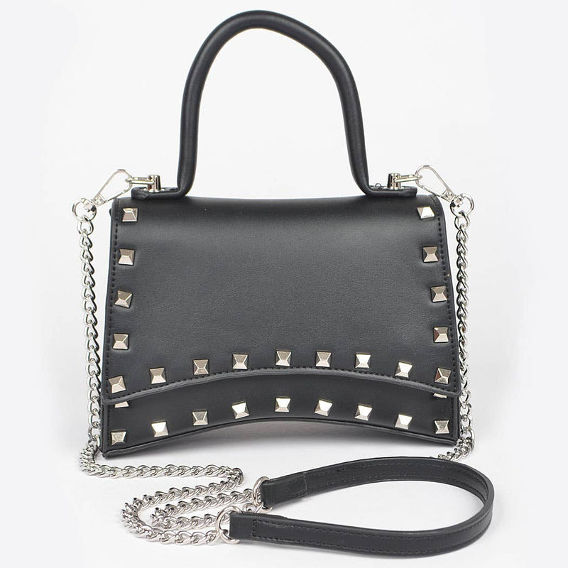 Metallic Faux Leather Studded Top Handle Clutch: BK | WILD FLIER GIFTS AND APPAREL