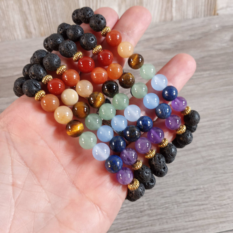 Gemstone Chakra Healing Bracelets 8mm - Chakra Beads with Gold Bead