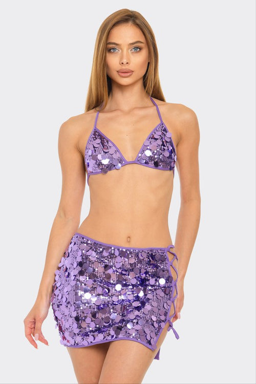 Bear Dance Purple Sequin Bikini Top and Mini Skirt Set - WILD FLIER GIFTS AND APPAREL
