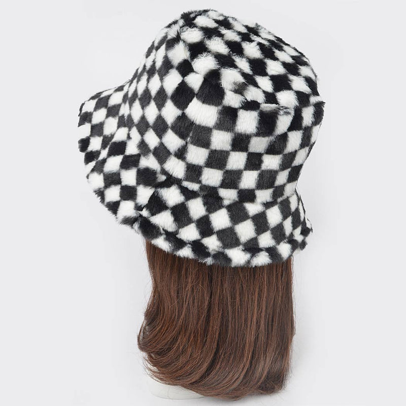 Plaid Fur Bucket Hat: Black White | WILD FLIER GIFTS AND APPAREL