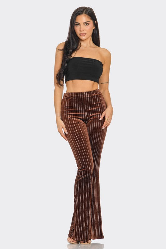 Brown Velvet Flared Long Pants with Glitter Stripes