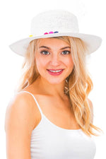 Colorful  Pom Pom Boater Hat: White