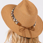 STRAW SUN HAT WITH SELL AND MULTI COLORED BAND.: BG | WILD FLIER GIFTS AND APPAREL
