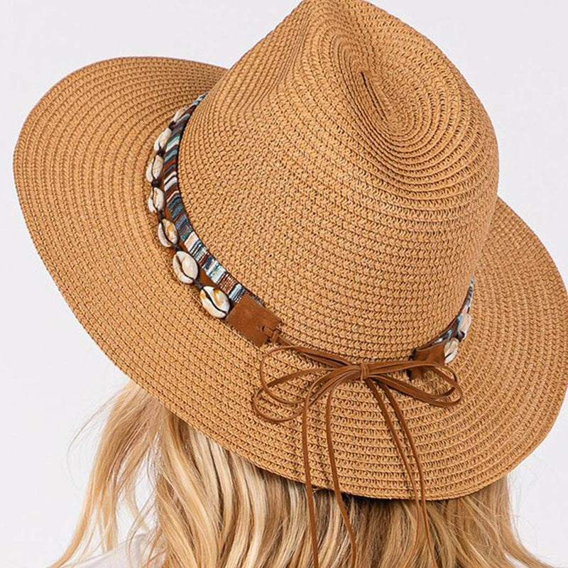 STRAW SUN HAT WITH SELL AND MULTI COLORED BAND.: BG | WILD FLIER GIFTS AND APPAREL