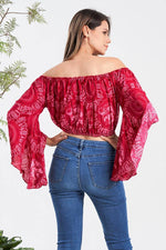 Boho Shoulder Off Ruffle Sleeve Crop Top (TH-1765)