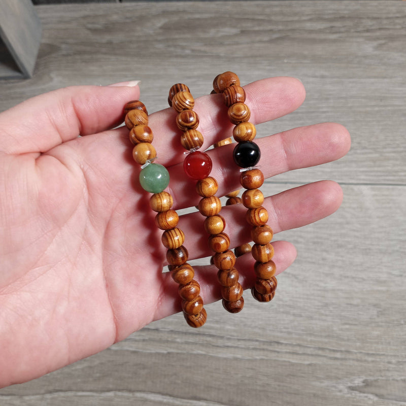 Assorted Gemstone with Wood Beads Bracelet : Assorted Symbols and Stones
