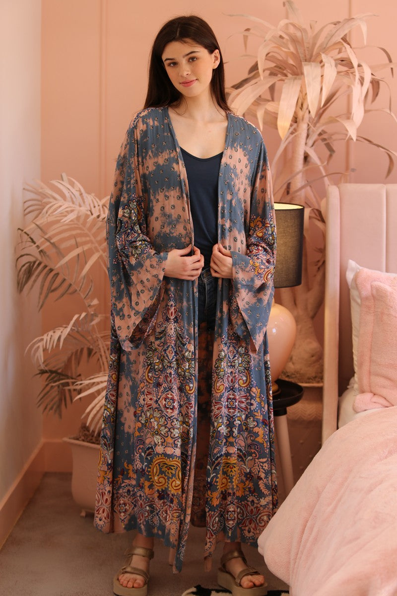 Angie Blue Tie Dye Printed Duster Kimono