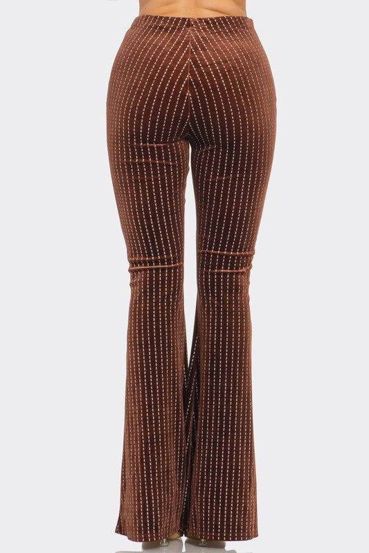 Brown Velvet Flared Long Pants with Glitter Stripes