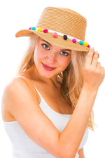 Colorful  Pom Pom Boater Hat: White | WILD FLIER GIFTS AND APPAREL