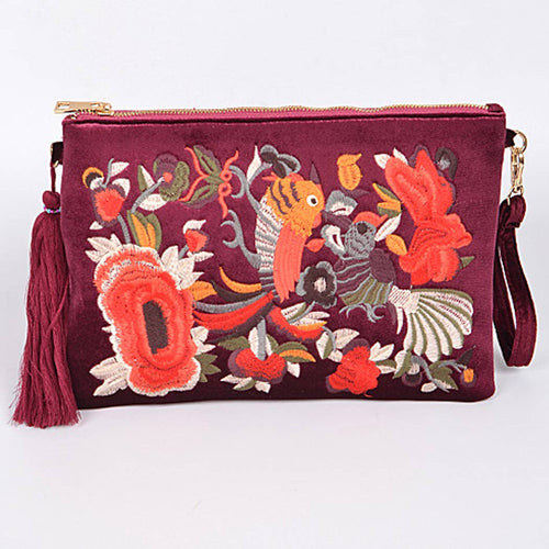 Faux Velvet Clutch With Tassel: Burgundy | WILD FLIER GIFTS AND APPAREL