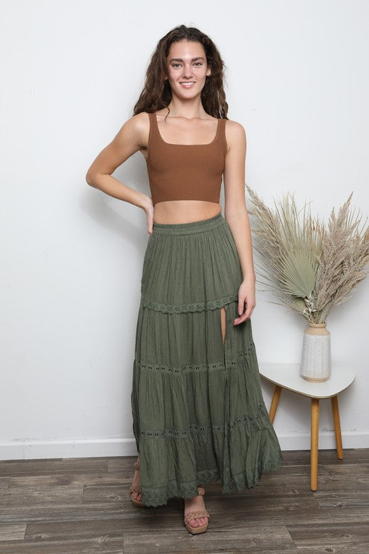 Angie Tiered Olive Maxi Skirt