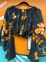 Butterfly Print Bohemian Off Shoulder Crop Top: One Size | WILD FLIER GIFTS AND APPAREL