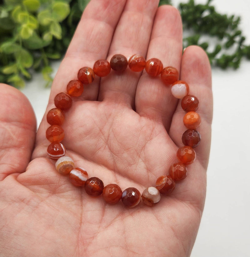 Banded Carnelian Faceted 8mm  Gemstone Bracelet-7.5" Long