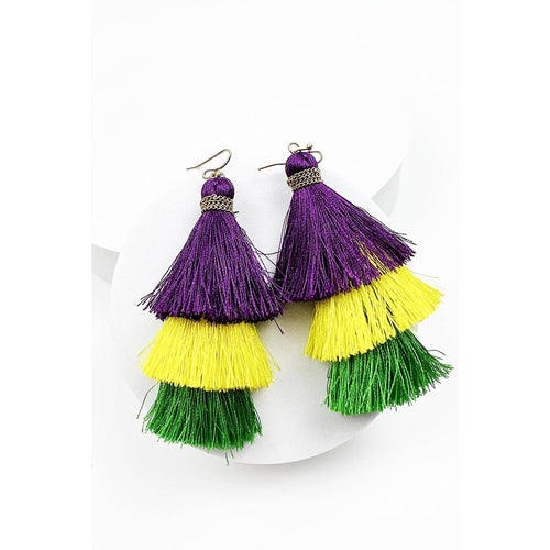 MARDI GRAS THME HOOK EARRING OF THREE DROP TASSEL PATTERN: MULTI / ONE(6) | WILD FLIER GIFTS AND APPAREL