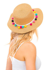 Colorful  Pom Pom Boater Hat: White