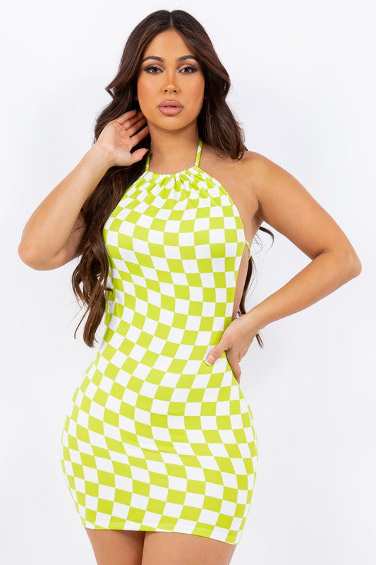 Neon Lime Checker Print Halter Dress with Open Back - WILD FLIER GIFTS AND APPAREL
