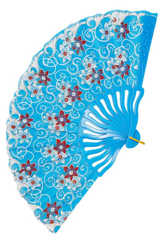 Periwinkle Floral Blossom Gold Glitter Print Novelty Oriental Hand-Held Folding Fans | WILD FLIER GIFTS AND APPAREL