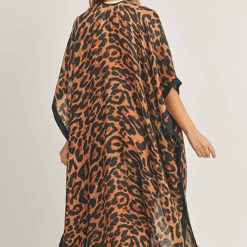 LEOPARD PRINT FRONT OPEN LONG KIMONO.: BR | WILD FLIER GIFTS AND APPAREL