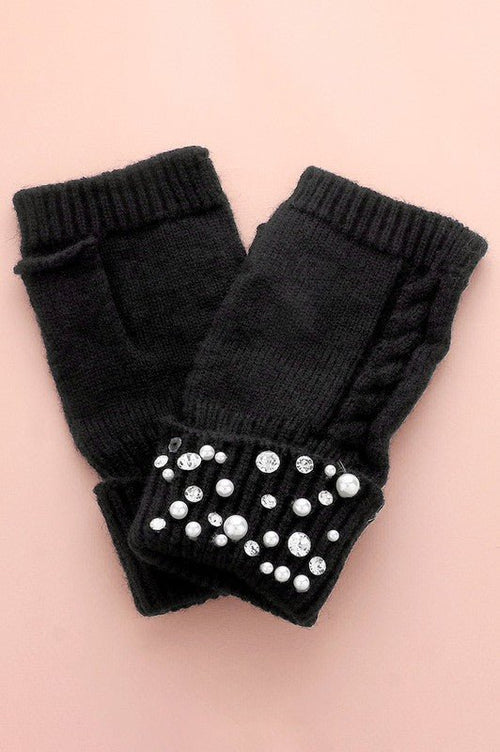 Pearl Stone Embellished Knit Fingerless Gloves | WILD FLIER GIFTS AND APPAREL