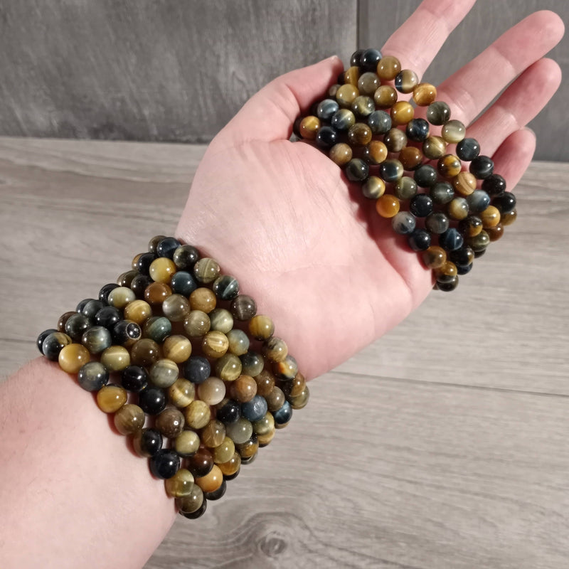 Tiger Eye Yellow and Blue 8mm Round Gemstone Beaded Bracelets