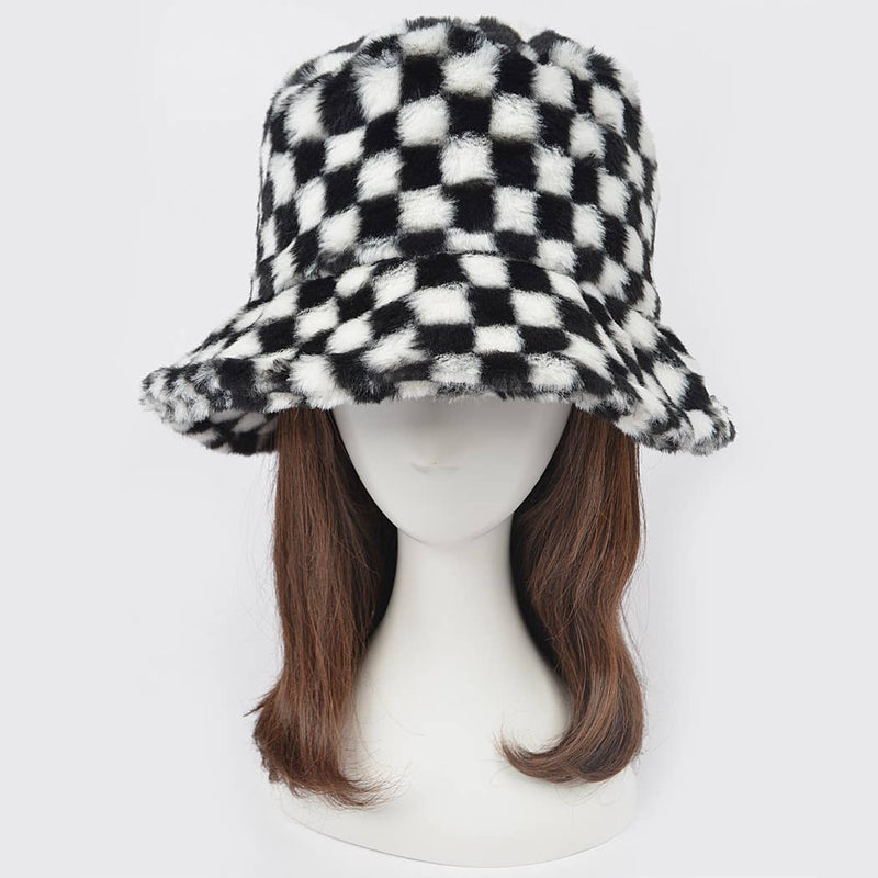 Checker Print Faux Fur Bucket Hat: Black White