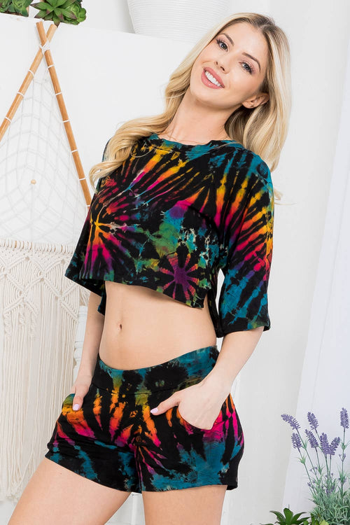 Tie-dye 3/4 Sleeve Crop Top (TH-1598): Assorted (Available Colors) / Free Size | WILD FLIER GIFTS AND APPAREL