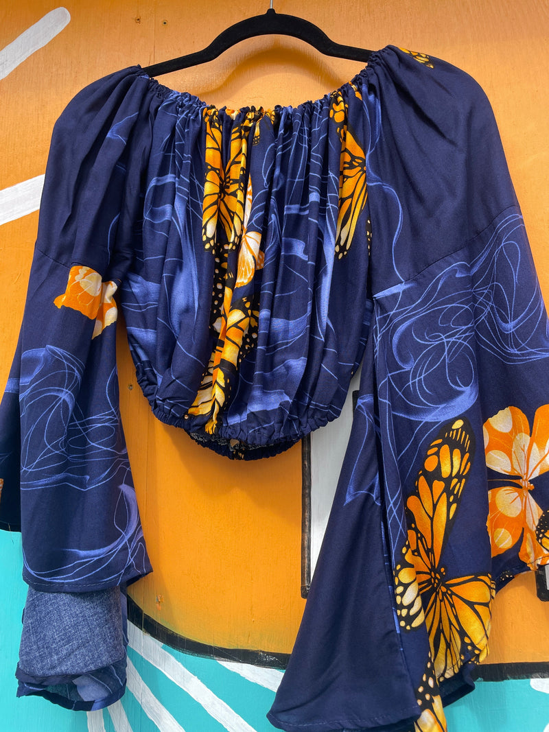 Butterfly Print Bohemian Off Shoulder Crop Top: One Size | WILD FLIER GIFTS AND APPAREL