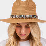 STRAW SUN HAT WITH SELL AND MULTI COLORED BAND.: BG | WILD FLIER GIFTS AND APPAREL