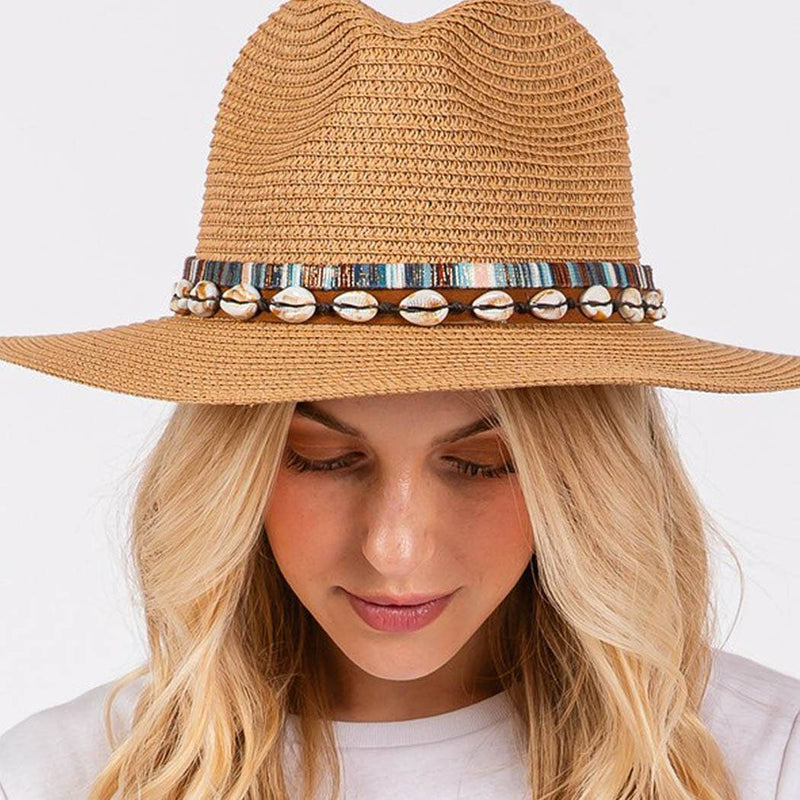 STRAW SUN HAT WITH SELL AND MULTI COLORED BAND.: BG | WILD FLIER GIFTS AND APPAREL