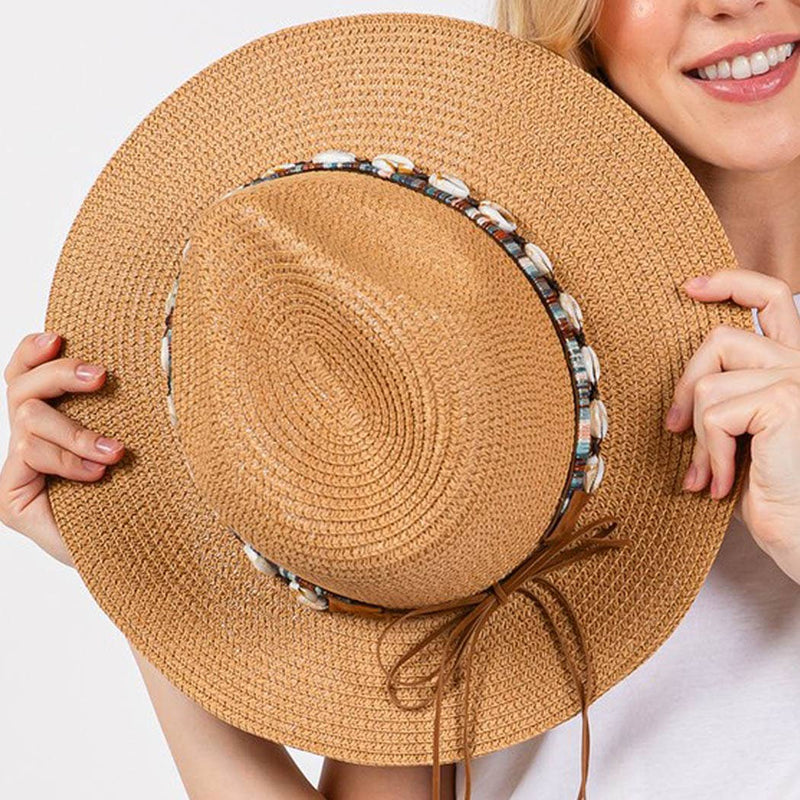 STRAW SUN HAT WITH SELL AND MULTI COLORED BAND.: BG | WILD FLIER GIFTS AND APPAREL