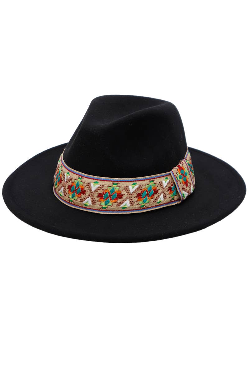 Black Aztec Geometric Band Flat Brim Felt Rancher Hat | WILD FLIER GIFTS AND APPAREL