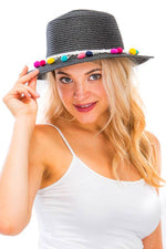 Colorful  Pom Pom Boater Hat: White