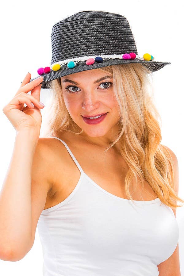 Colorful  Pom Pom Boater Hat: White | WILD FLIER GIFTS AND APPAREL