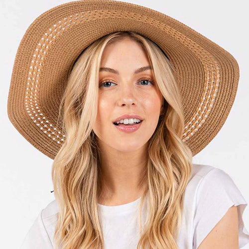 WIDE BRIM STRAW HAT WITH EVIL EYE AND MULTI DESIGN BAND.: TP | WILD FLIER GIFTS AND APPAREL