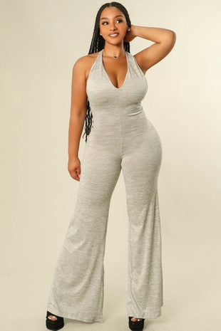 Solid Color Halter Neck Loose Leg Jumpsuit