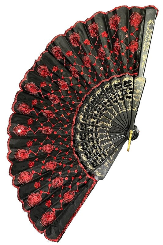 Floral Sequins Stitched Novelty Oriental Hand-Held Folding Fans | WILD FLIER GIFTS AND APPAREL