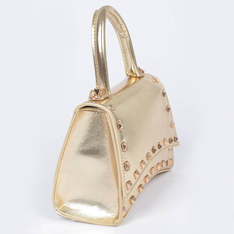 Metallic Faux Leather Studded Top Handle Clutch: BK | WILD FLIER GIFTS AND APPAREL