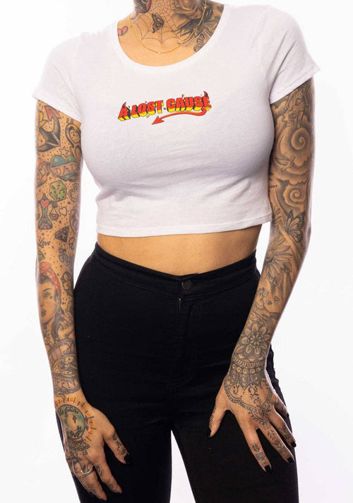 Little Devil Crop Tee: White / XS | WILD FLIER GIFTS AND APPAREL