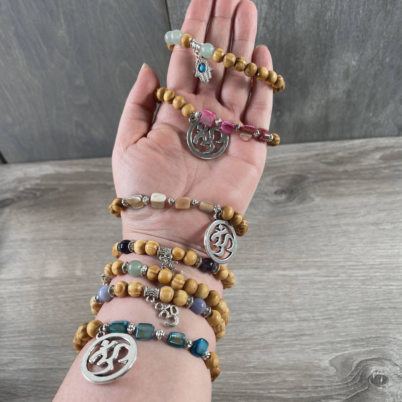 Assorted Gemstone with Wood Beads Bracelet Stretchy String: Assorted Symbols and Stones | WILD FLIER GIFTS AND APPAREL