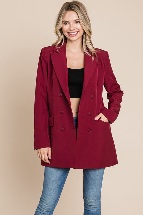 Burgundy Collar Long Double Breasted Blazer Jacket - WILD FLIER GIFTS AND APPAREL