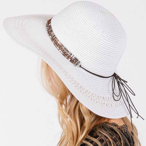 WIDE BRIM STRAW HAT WITH EVIL EYE AND MULTI DESIGN BAND.: TP | WILD FLIER GIFTS AND APPAREL