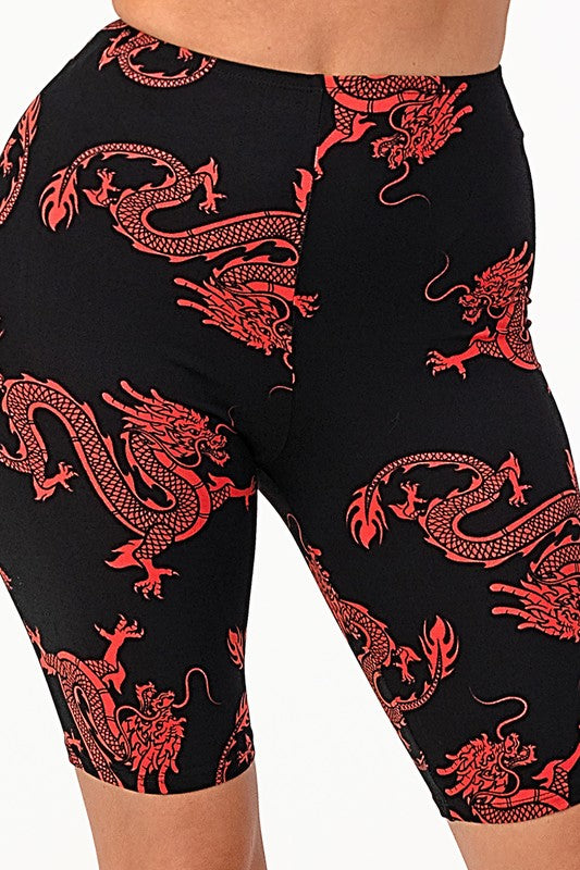 Bear Dance Red Dragon Print Biker Shorts - WILD FLIER GIFTS AND APPAREL
