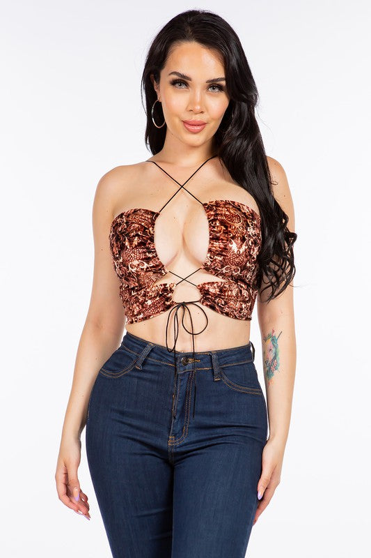 Bear Dance Boho Velvet Crop Top with Cut Out - WILD FLIER GIFTS AND APPAREL